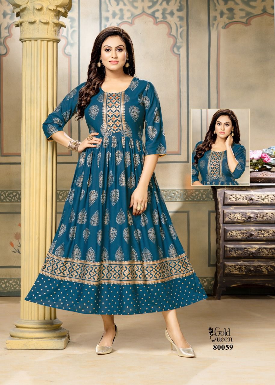 Mayra Gold Queen New Fancy Ethnic Wear Rayon Printed Long Anarkali Kurti Collection